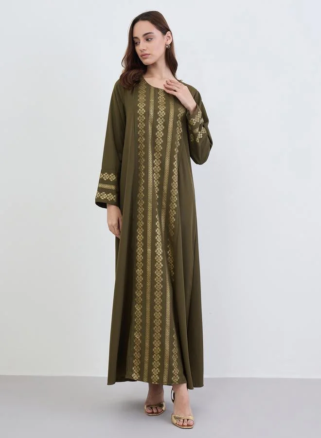 Amirah Women Olive Gold Foil Print Jalabiya